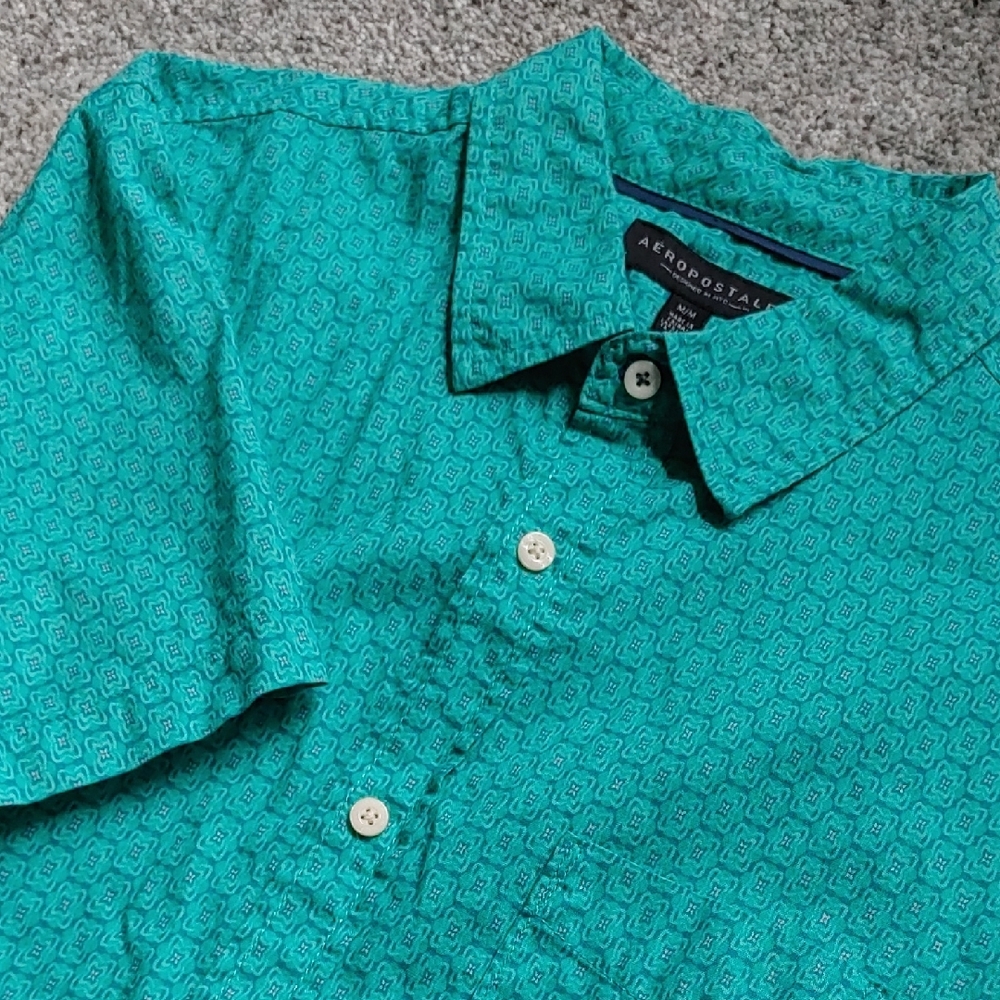 90s Boxy Aeropostale Mens Teal Green Geometric Print Cotton Button Down Shirt M